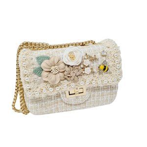 Designer Style Handmade Embellished Tweed Purse Bee Rosettes Pearls Evening Bag